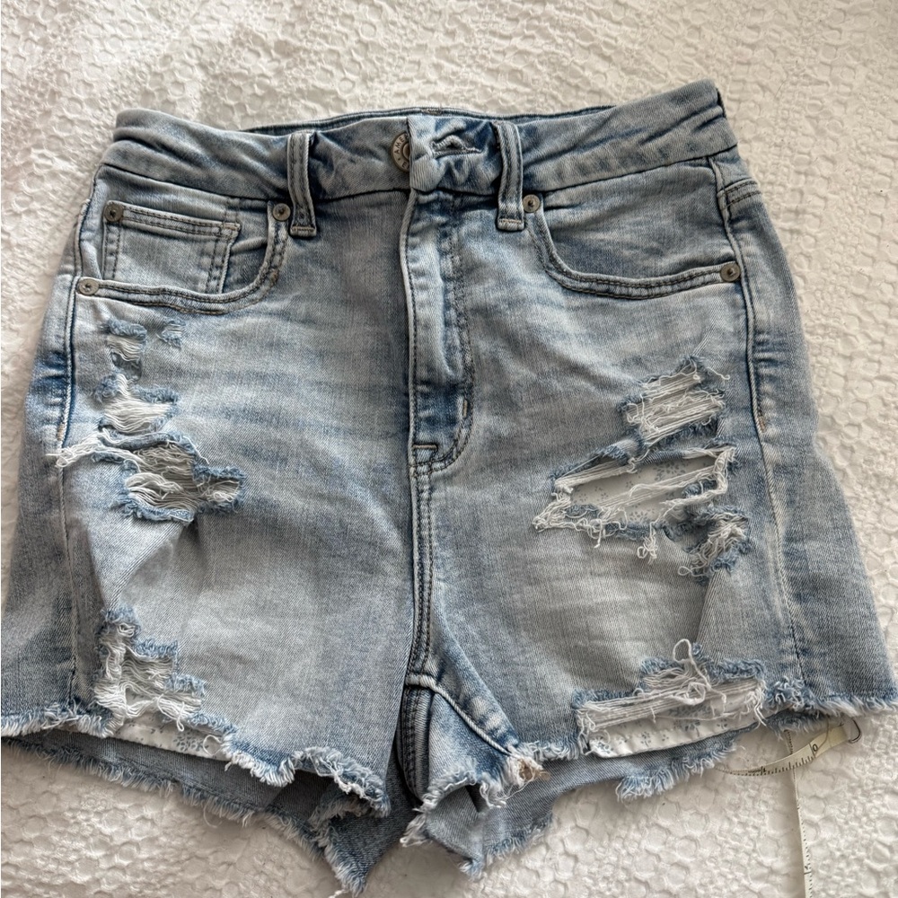 American Eagle Next Level Stretch Distressed Light Blue Denim Shorts